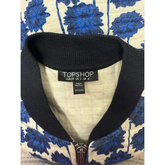 Topshop Women’s 2 small Navy Bomber Floral Blue white full Zip quilted black - Picture 4 of 4